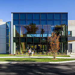 A building with glass windows.